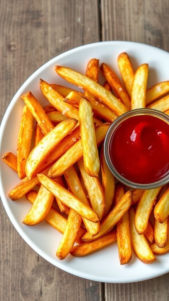 Crispy Low-Calorie Air Fryer Fries Recipe A plate of crispy air fryer fries with ketchup on a rustic wooden table.